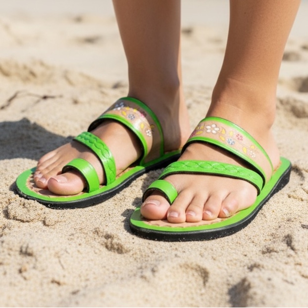 Green Women's Floral Strap Sandals Tooled Leather Summer Beach Huaraches